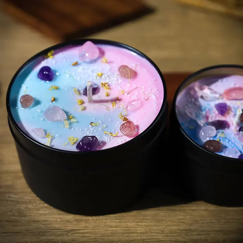 Lot de 2 Bougies Aromathérapie Cristaux & Fleurs – Boîte Étain