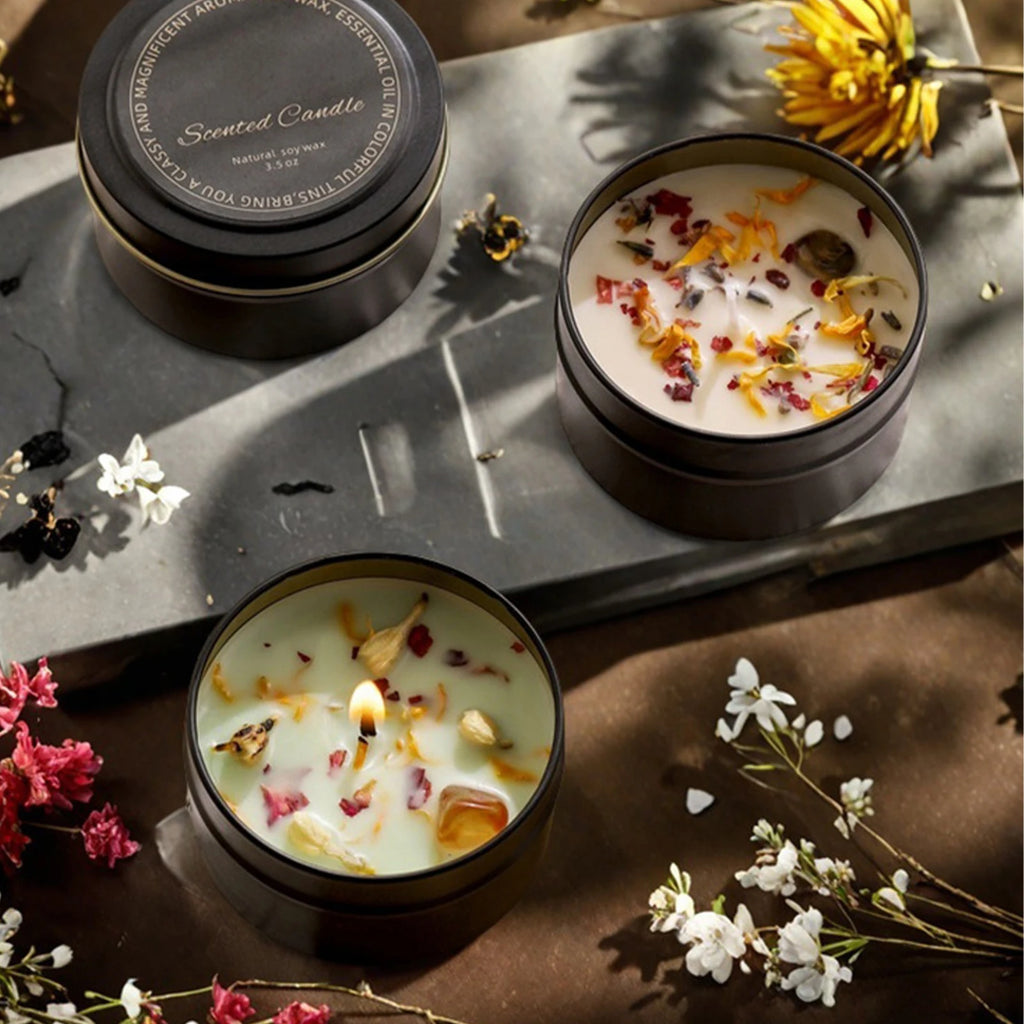 Bougie Cristaux Premium – Cire de Soja & Fleurs Séchées Artisanale
