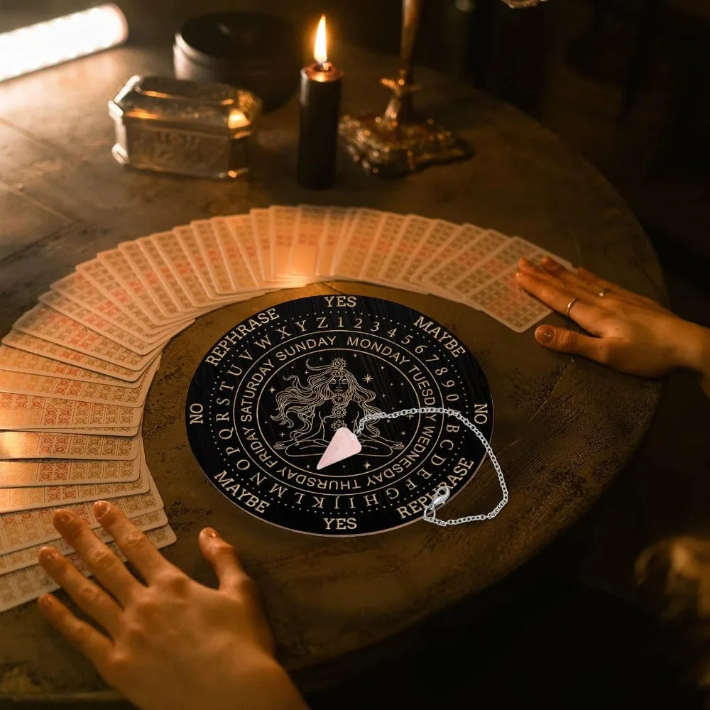 Plateau de Pendule en Bois – Divination & pendule Cristal de Quartz Rose